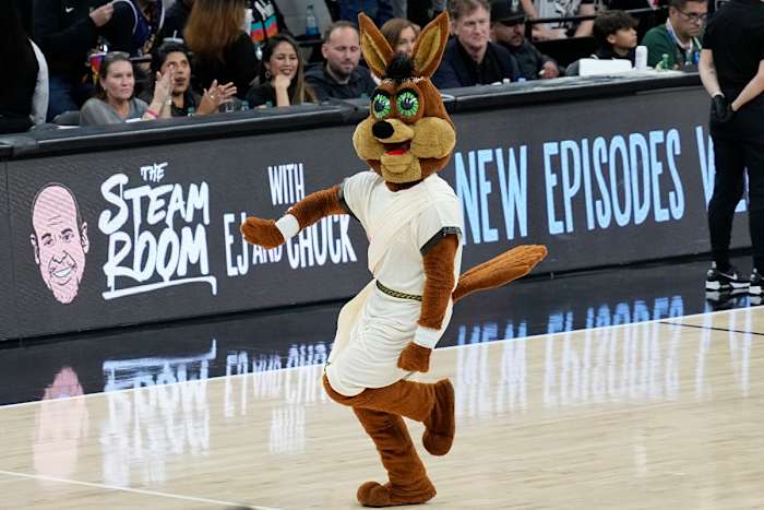 Jan 4, 2024; San Antonio, Texas, USA; San Antonio Spurs mascot Coyote performs during the second half against the Milwaukee Bucks at Frost Bank Center.